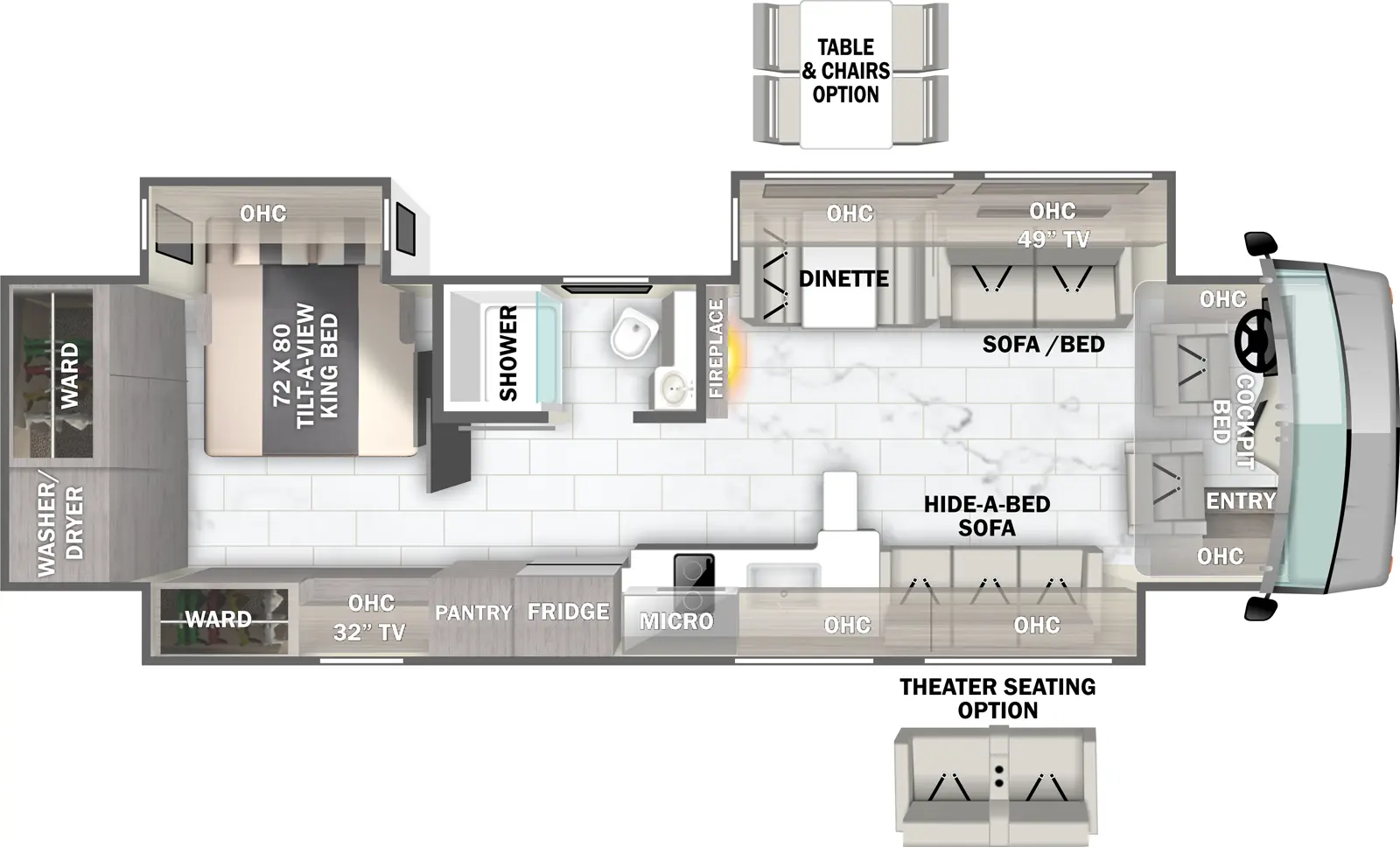 The Berkshire XL 37B floorplan has one entry and three slide outs. Exterior features include: 17'6" & 56" Door Awning awning and outside entertainment. Interiors features include: free-standing dinette option, rear bedroom, bunk over cab and dinette.